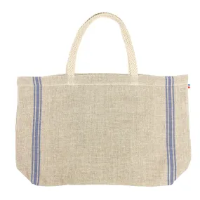 100% French Linen Tote Shopping Bag Natural Linen Blue Stripe