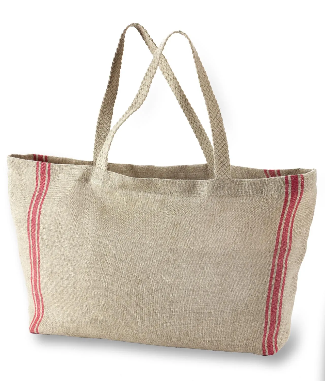 100% French Linen Tote Shopping Bag Natural Linen Red Stripe