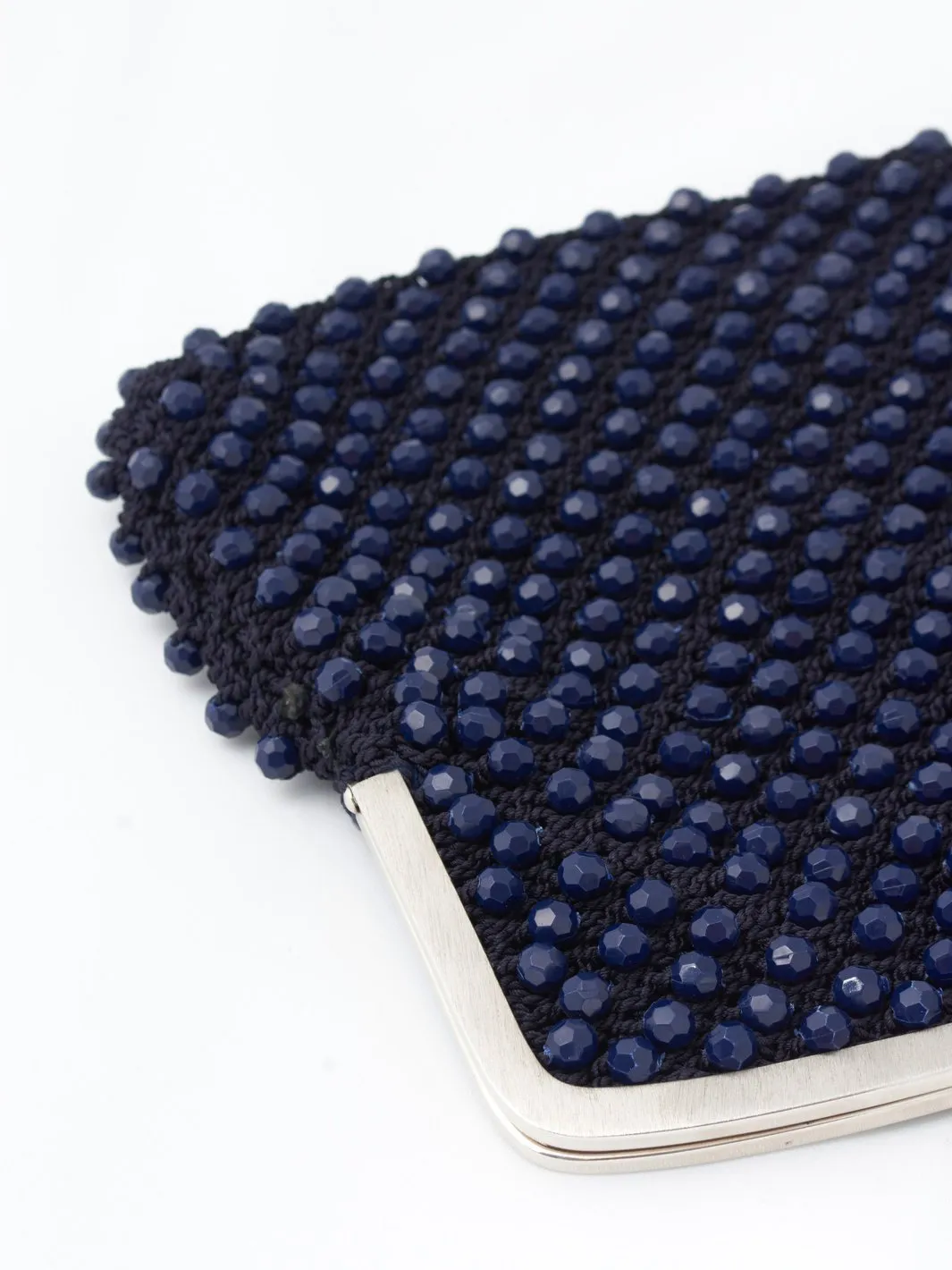 1960s clutch bag in dark blue crochet cotton with beads embellishment