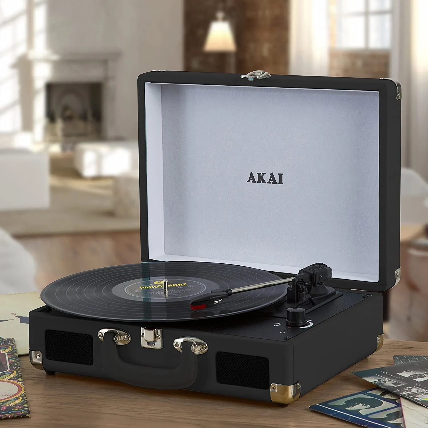 Akai Rechargeable Bluetooth Vinyl Turntable with Briefcase - Black | A60011N