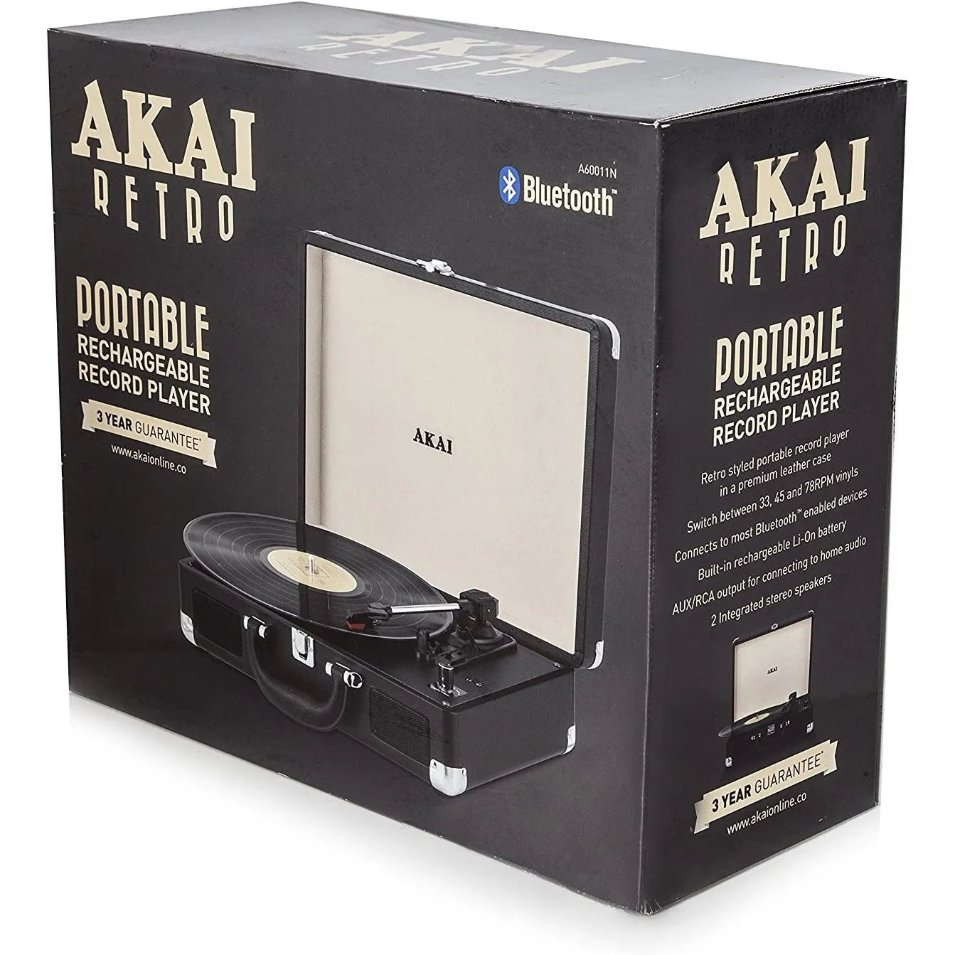 Akai Rechargeable Bluetooth Vinyl Turntable with Briefcase - Black | A60011N