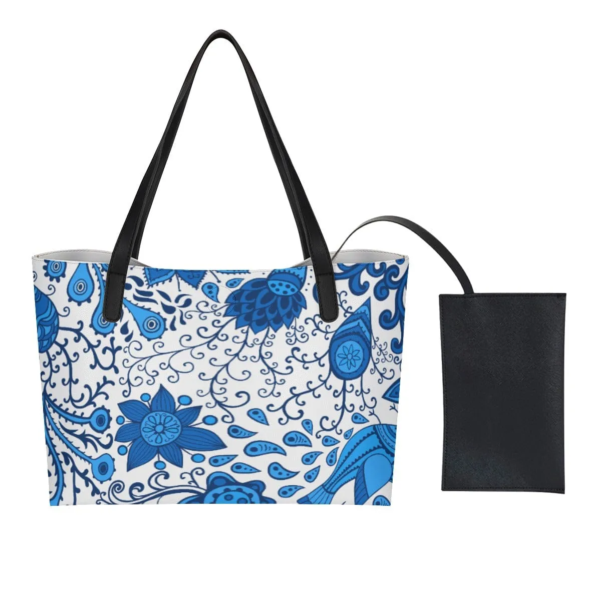 Blue & White Floral - Shopping Tote Bag With Black Mini Purse