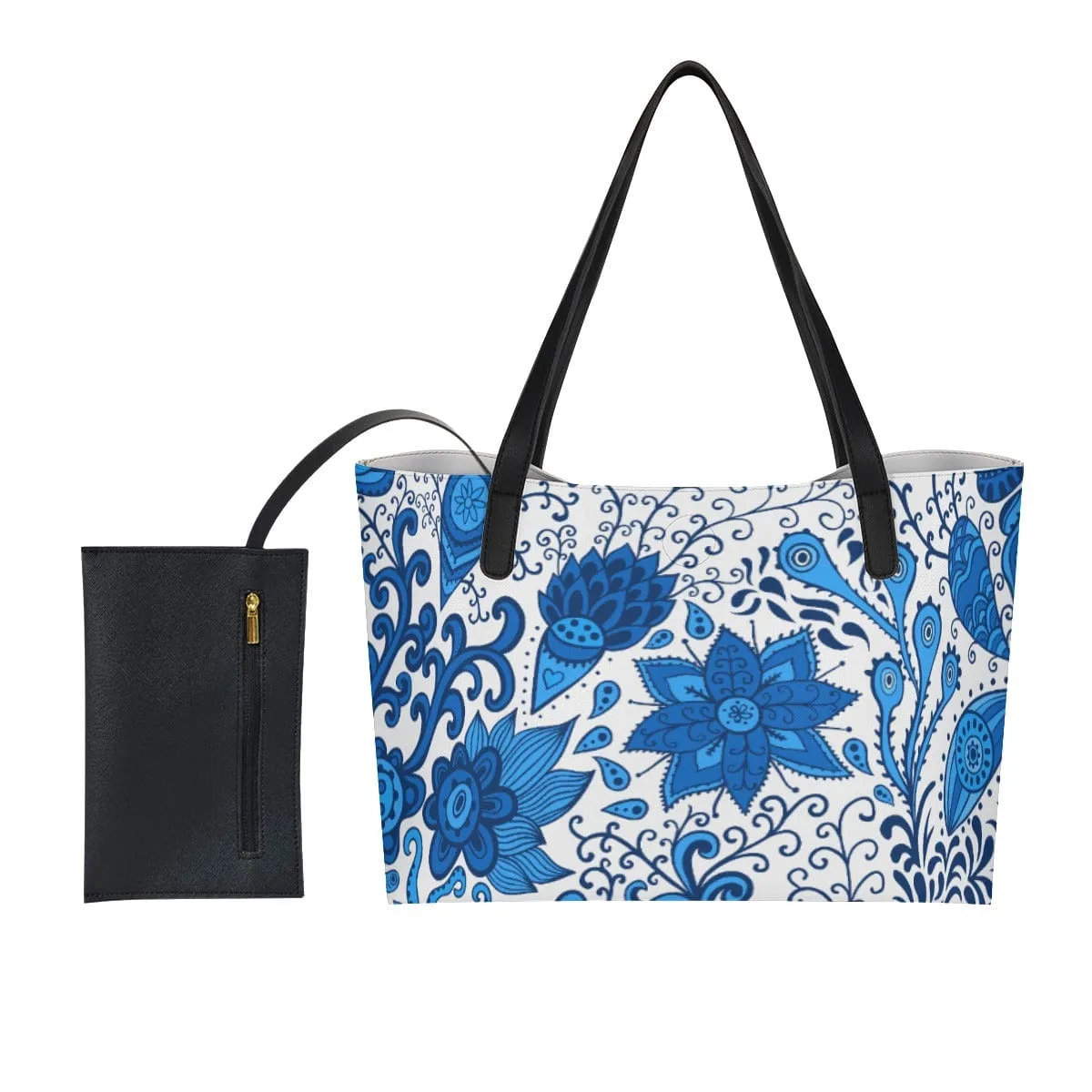 Blue & White Floral - Shopping Tote Bag With Black Mini Purse