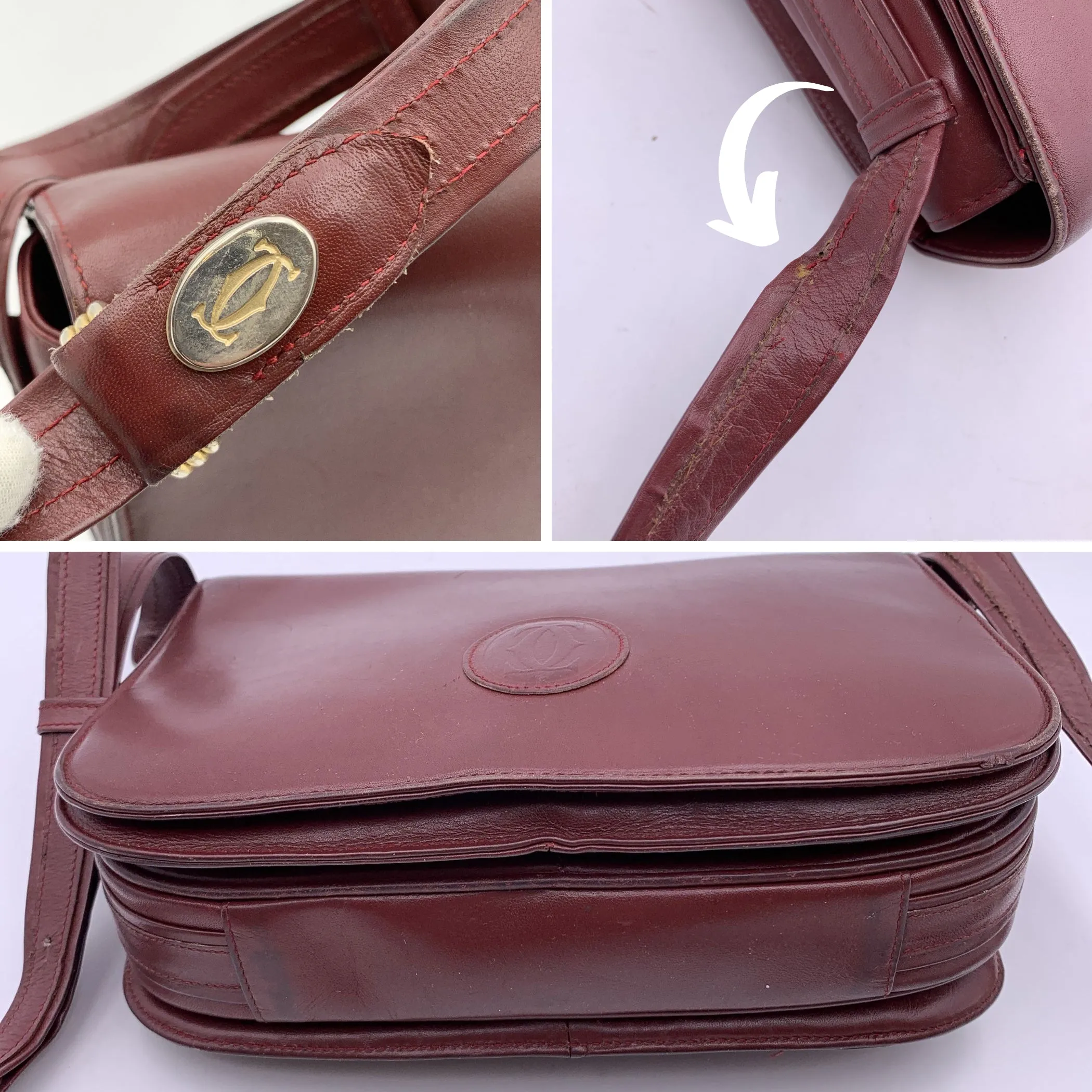 Cartier Vintage Burgundy Leather Flap Crossbody Shoulder Bag