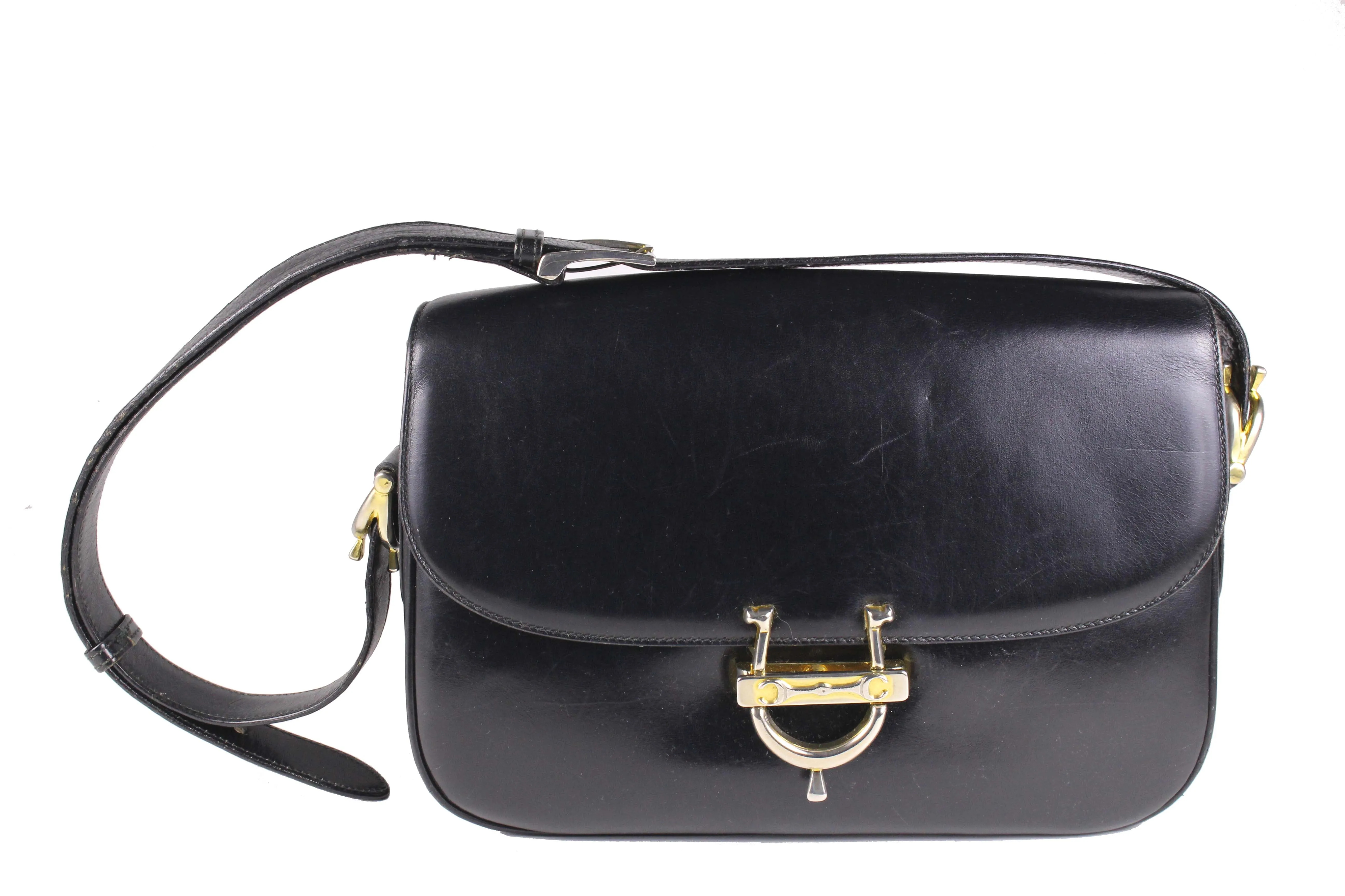 CELINE buckle black leather shoulder bag