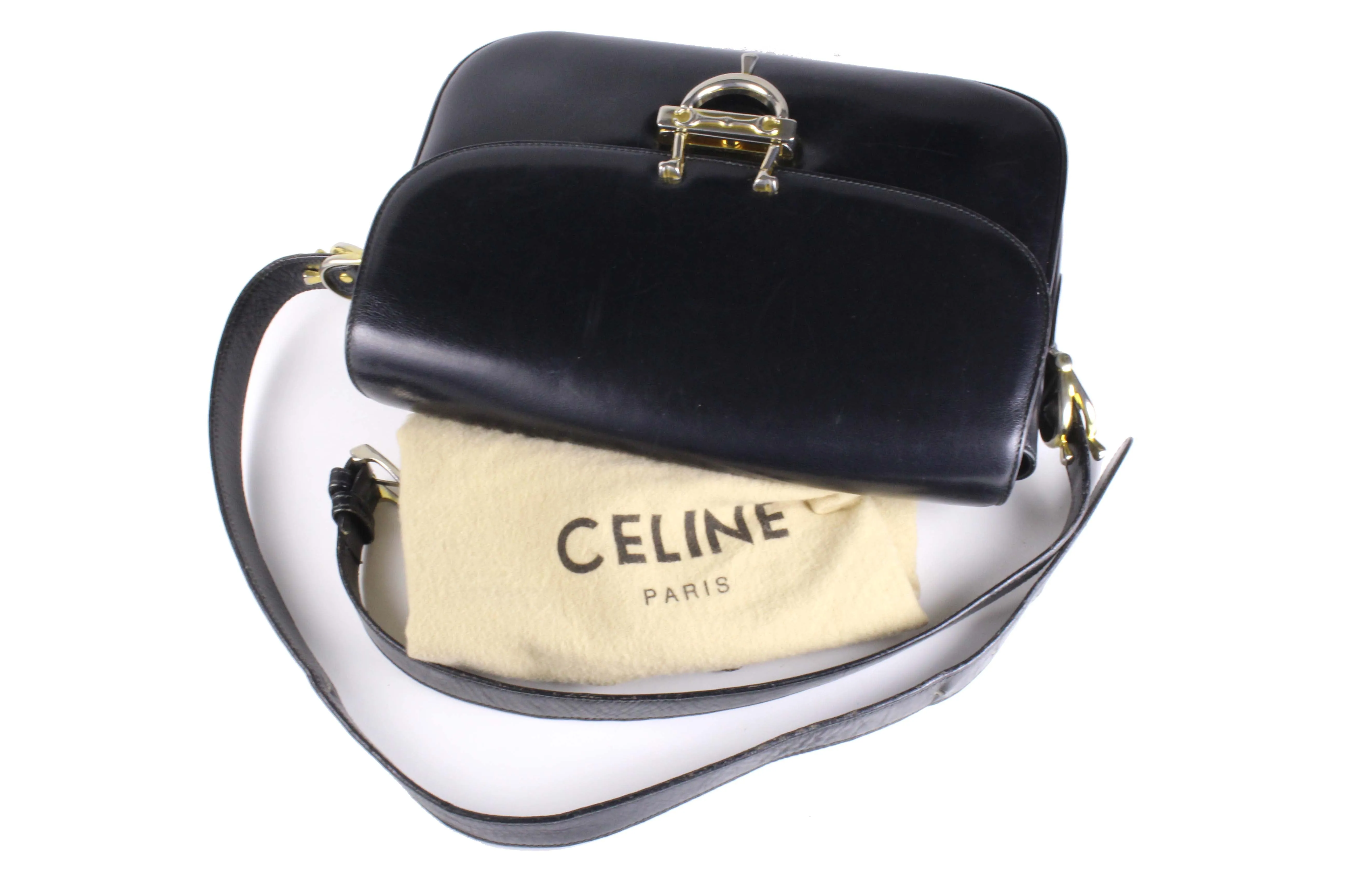 CELINE buckle black leather shoulder bag