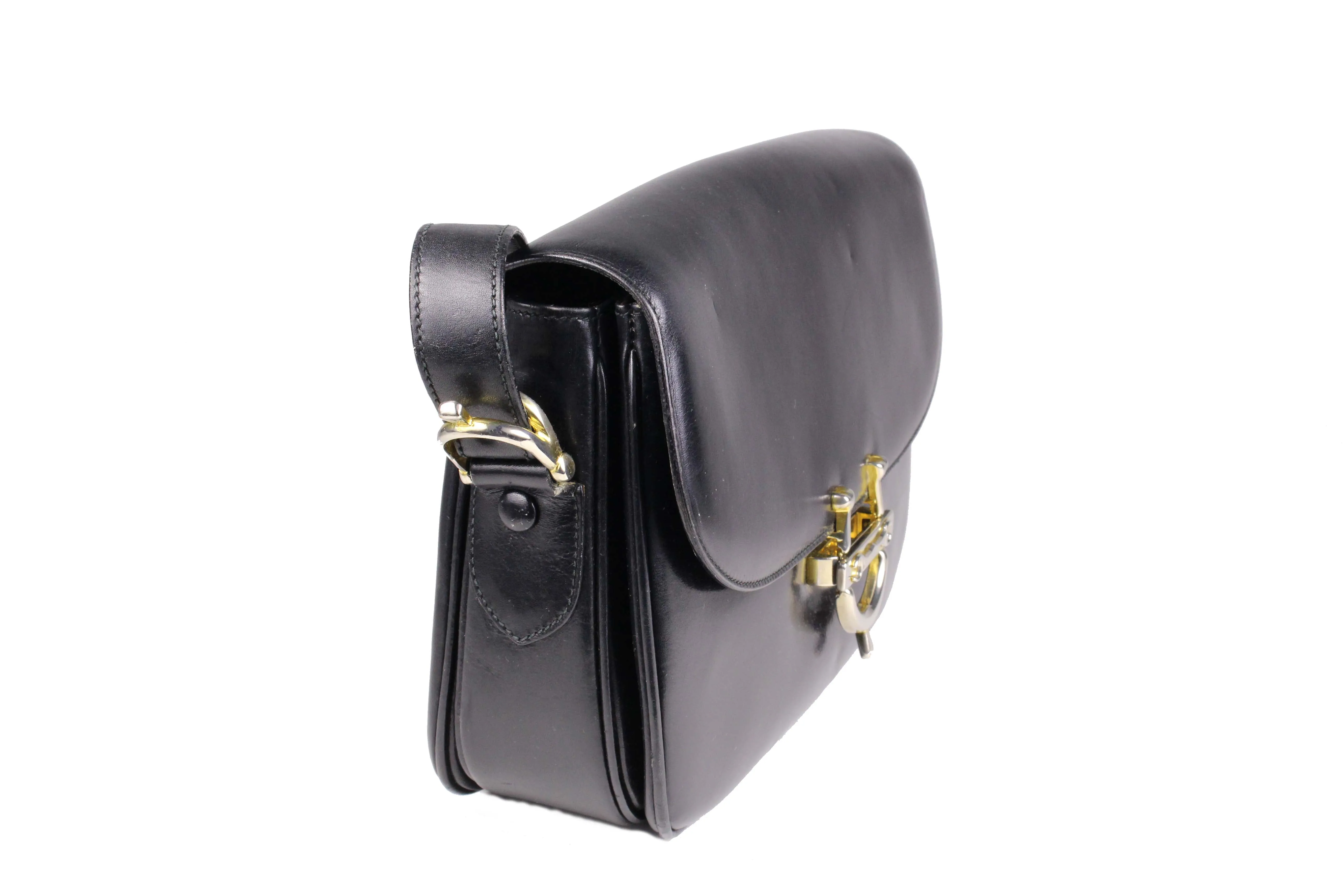 CELINE buckle black leather shoulder bag