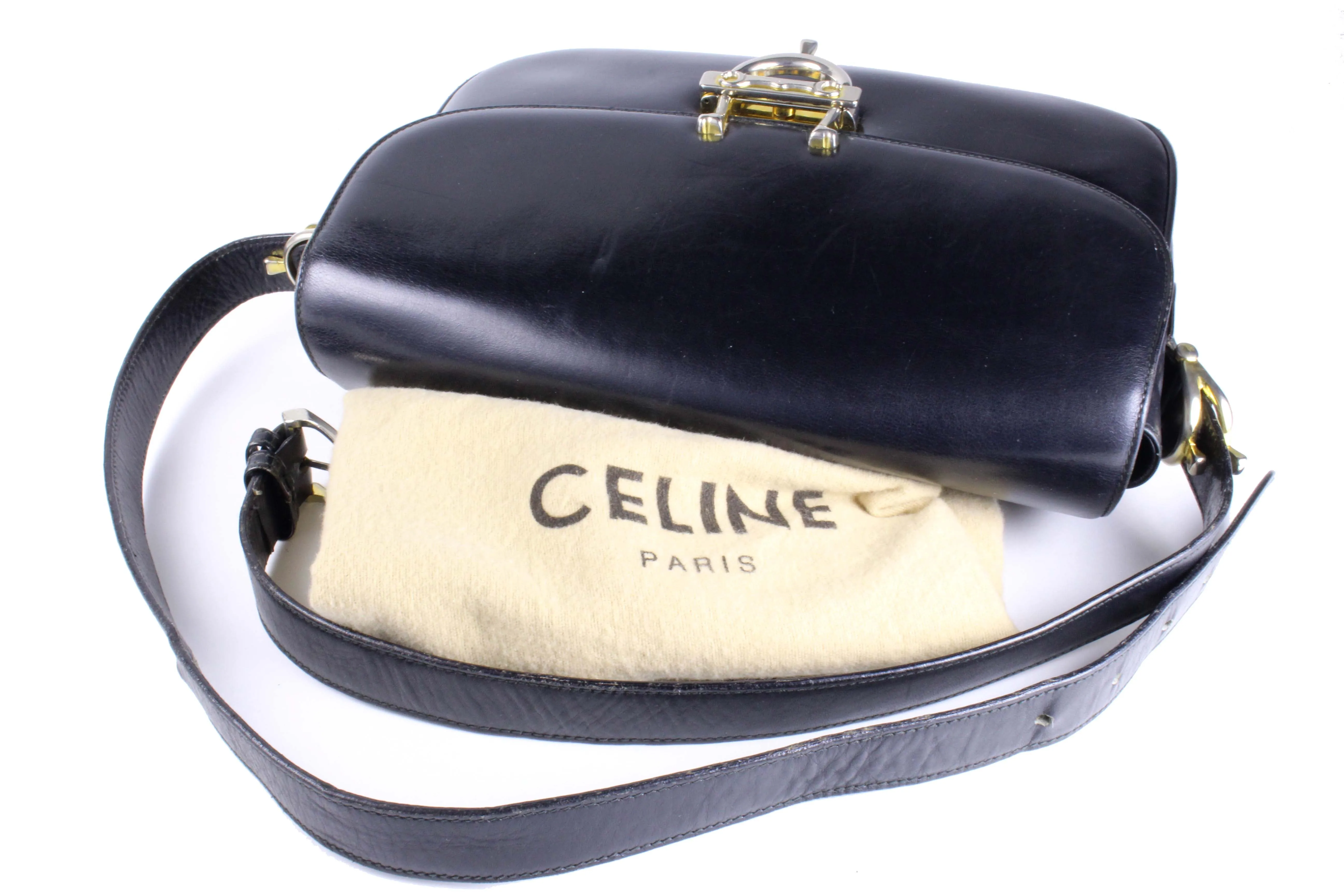 CELINE buckle black leather shoulder bag