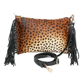 Cheetah-Print Calf-Hair Fringe Clutch Bag