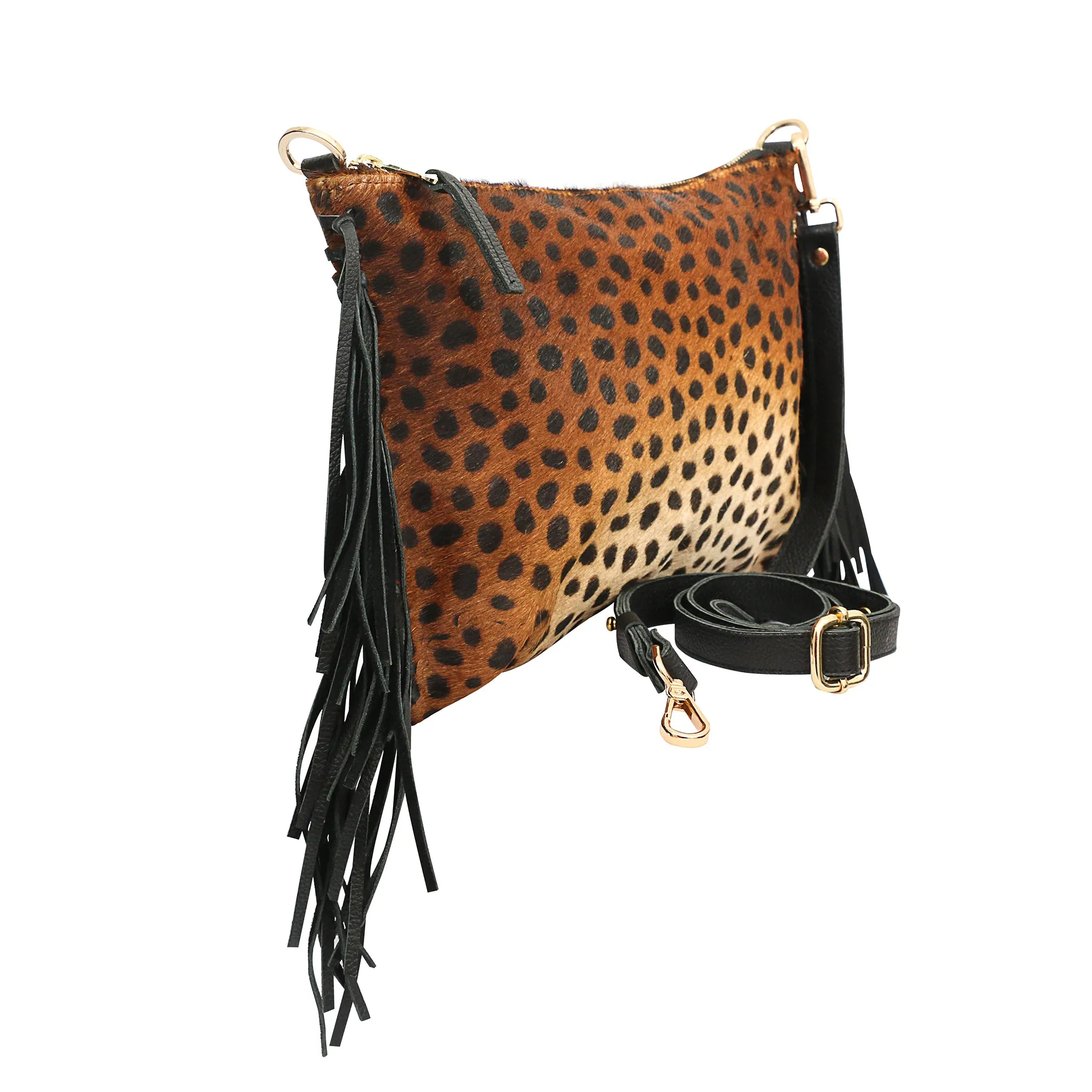 Cheetah-Print Calf-Hair Fringe Clutch Bag