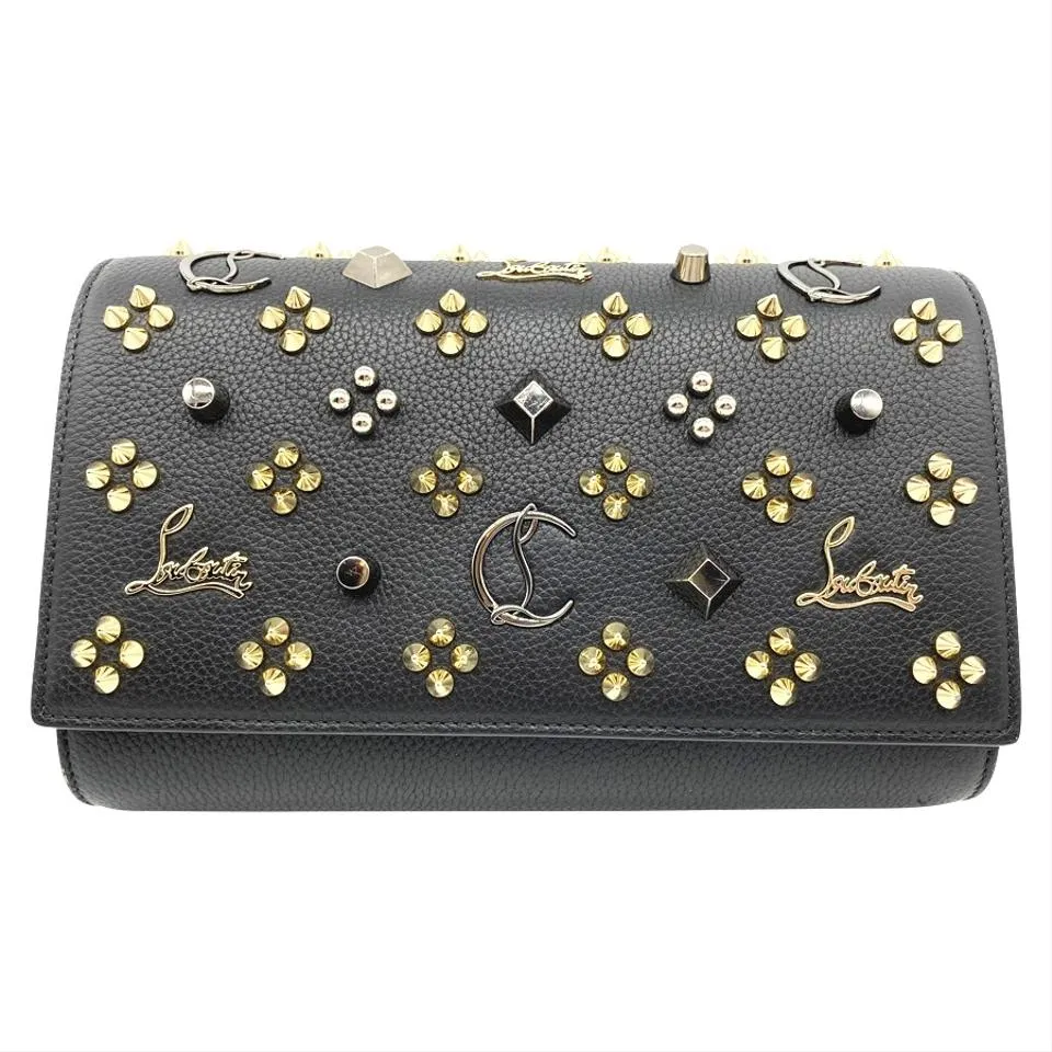 Christian Louboutin Clutch Calfskin Spikes Paloma Loubinthesky Black Leather Shoulder Bag