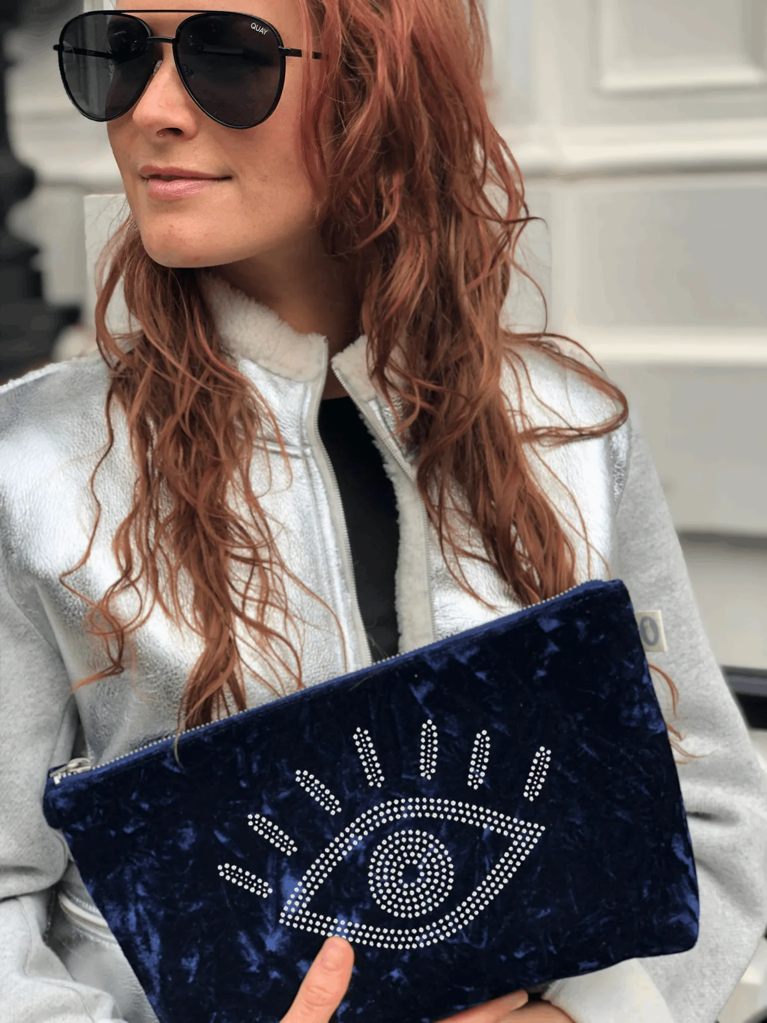 Clutch Bag Midnight Blue Velvet with Silver Crystal Evil Eye