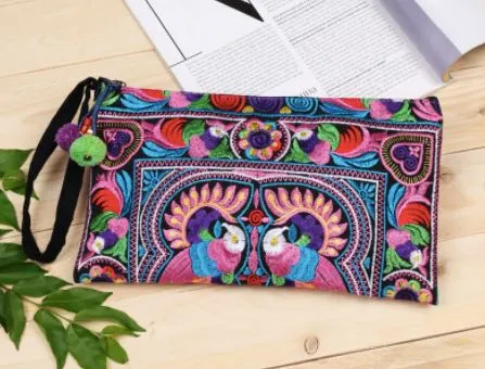 Colorful Embroidered Wristlet Bag - Boho Chic Pom-Pom Clutch