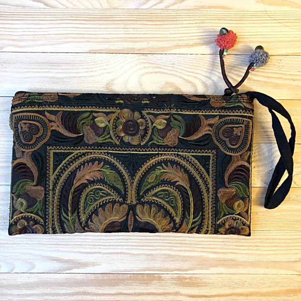 Colorful Embroidered Wristlet Bag - Boho Chic Pom-Pom Clutch