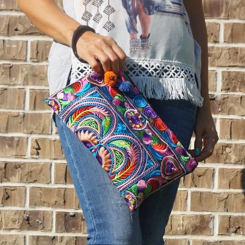 Colorful Embroidered Wristlet Bag - Boho Chic Pom-Pom Clutch