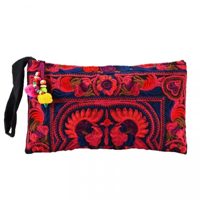 Colorful Embroidered Wristlet Bag - Boho Chic Pom-Pom Clutch