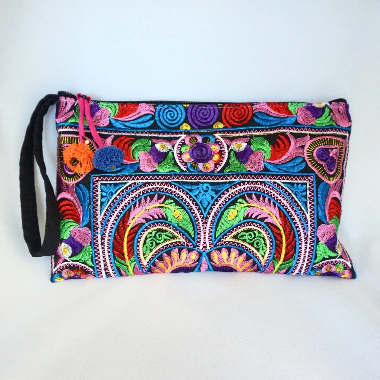 Colorful Embroidered Wristlet Bag - Boho Chic Pom-Pom Clutch