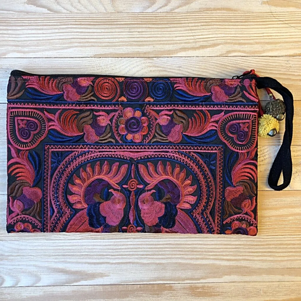 Colorful Embroidered Wristlet Bag - Boho Chic Pom-Pom Clutch