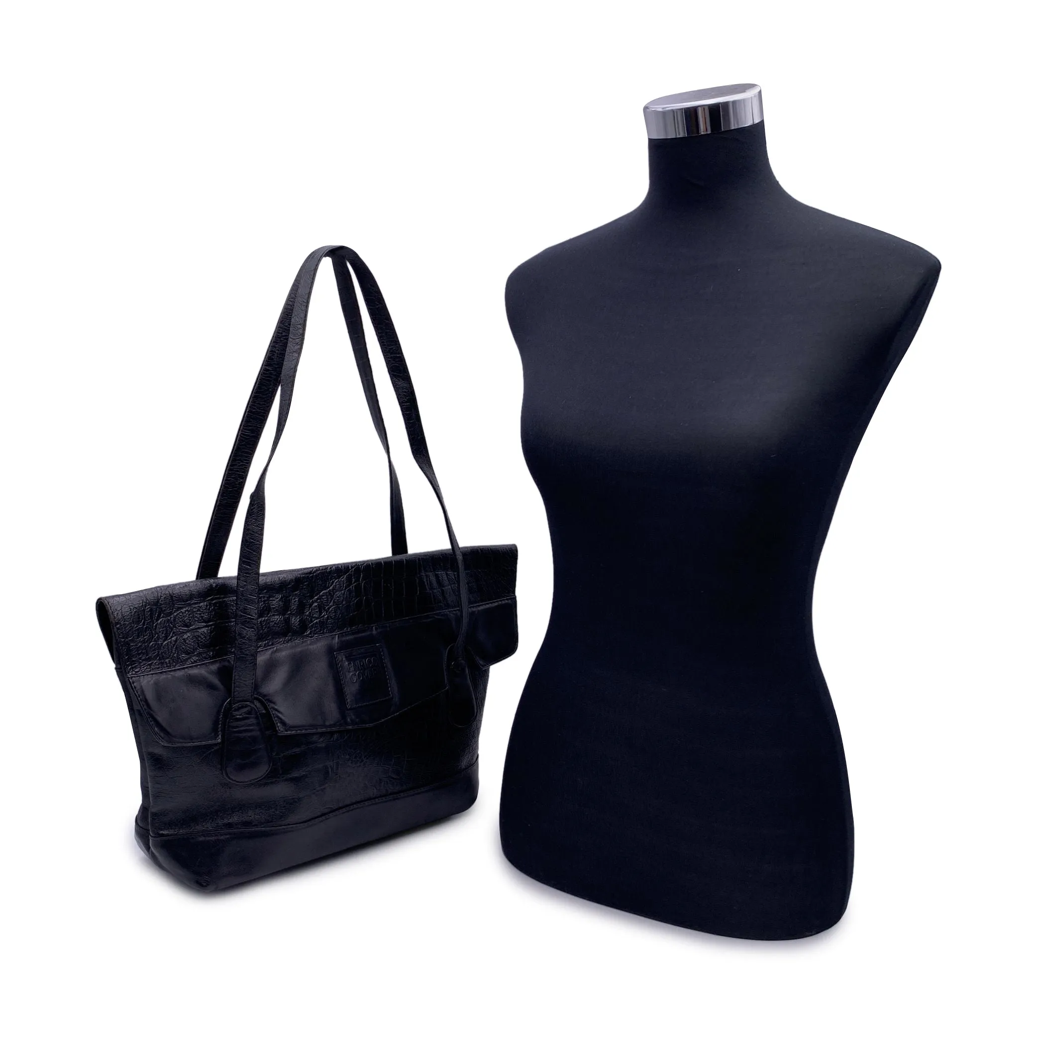 Enrico Coveri Vintage Black Embossed Leather Tote Shoulder Bag