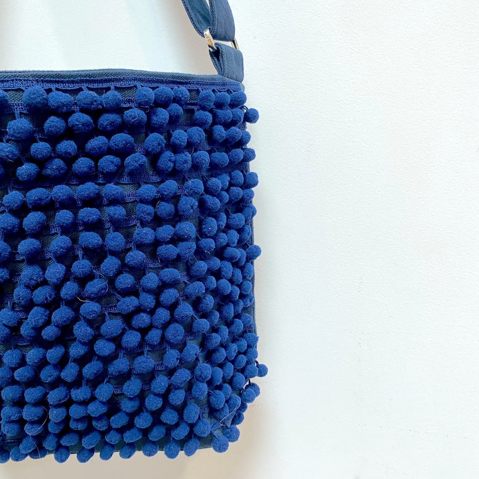 Ha Leh Handmade Pom Pom Crossbody Shoulder Bag in Navy