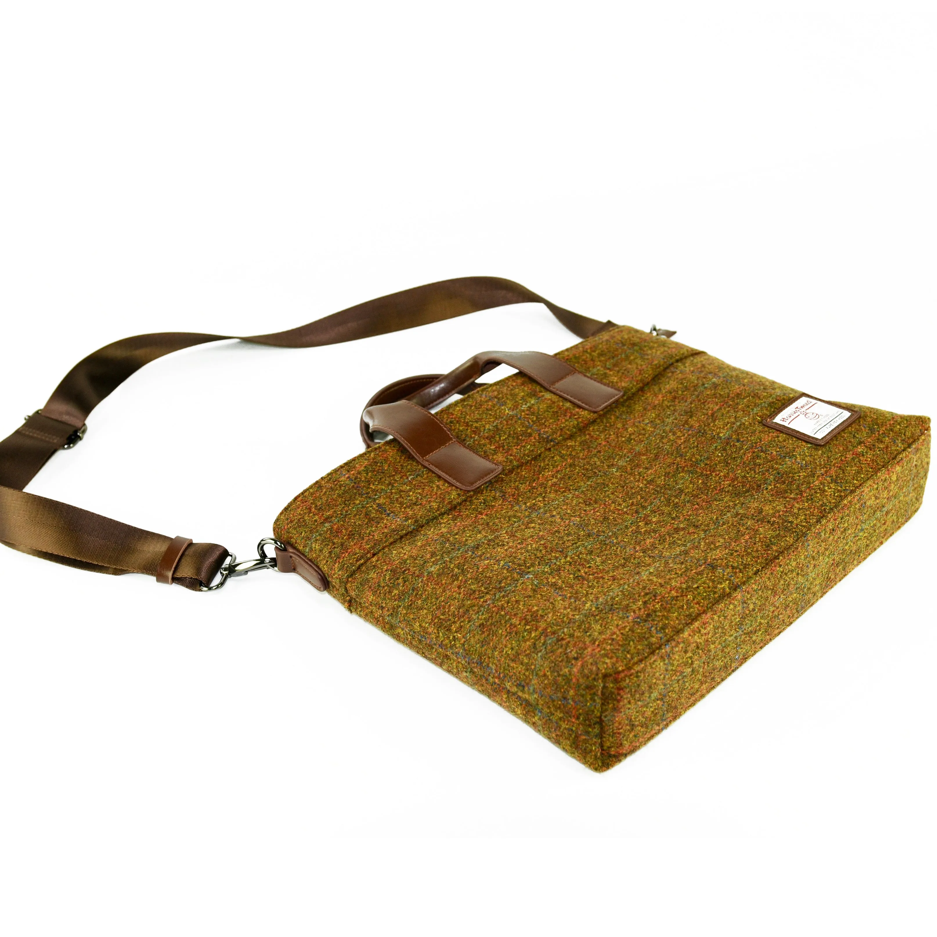 Harris Tweed Leather Handle Briefcase,Scottish Tartan Wool Bag-i7bags