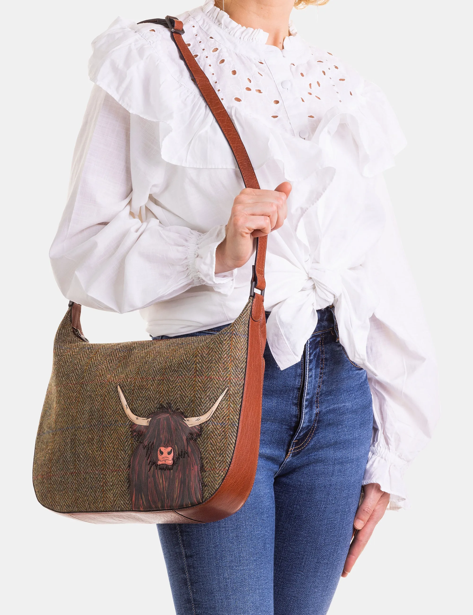 Highland Cow Harris Tweed & Brown Leather Hobo Bag