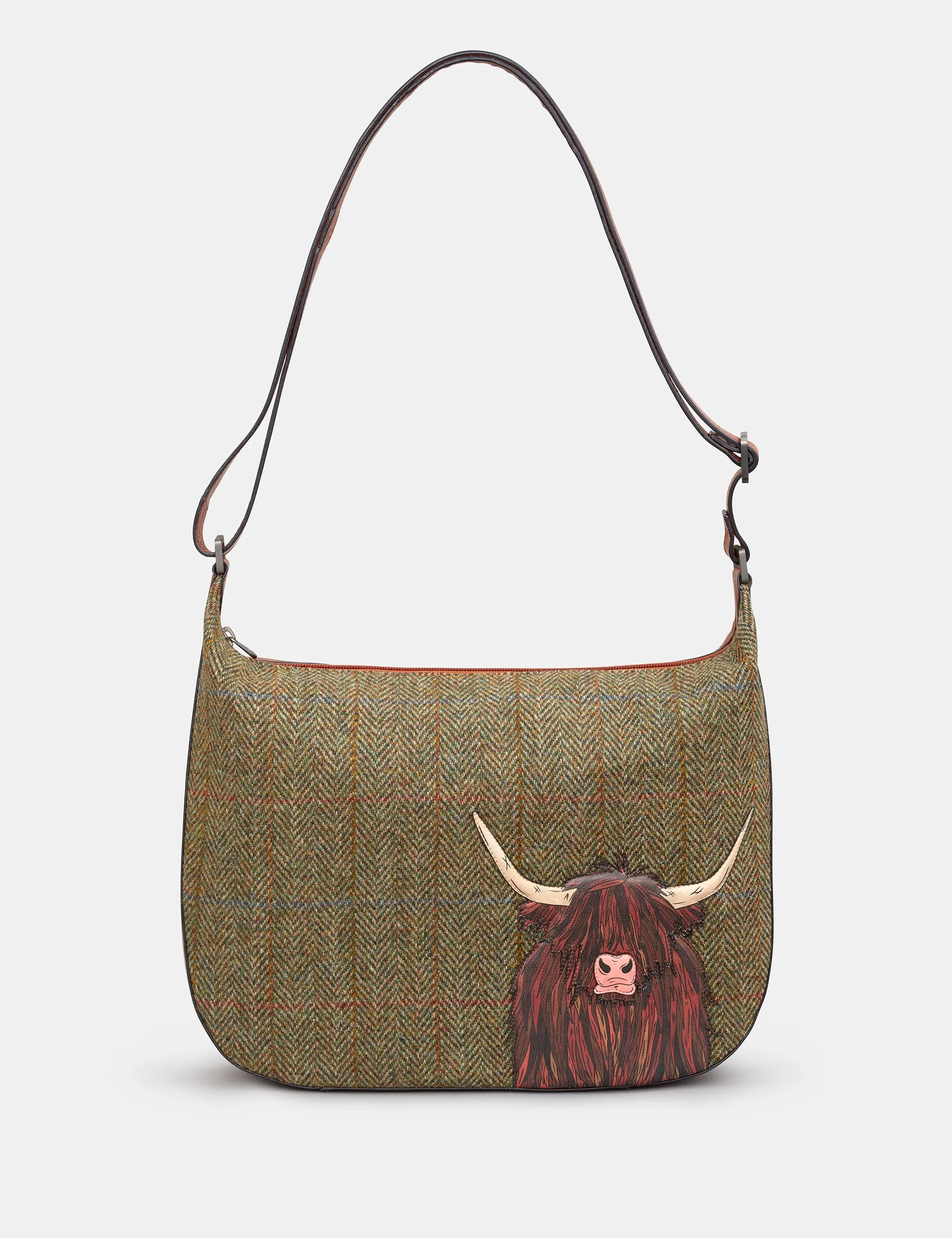 Highland Cow Harris Tweed & Brown Leather Hobo Bag