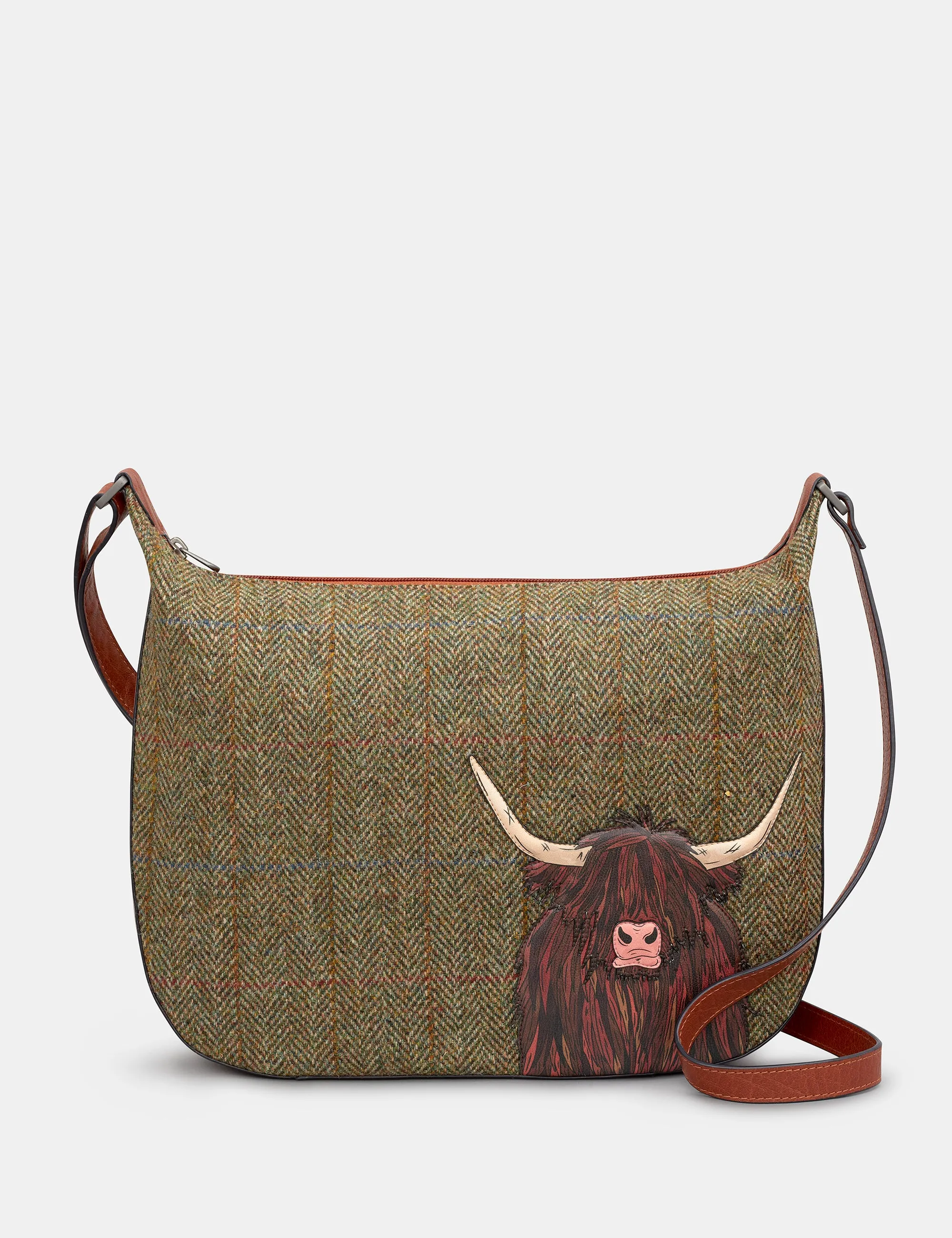 Highland Cow Harris Tweed & Brown Leather Hobo Bag