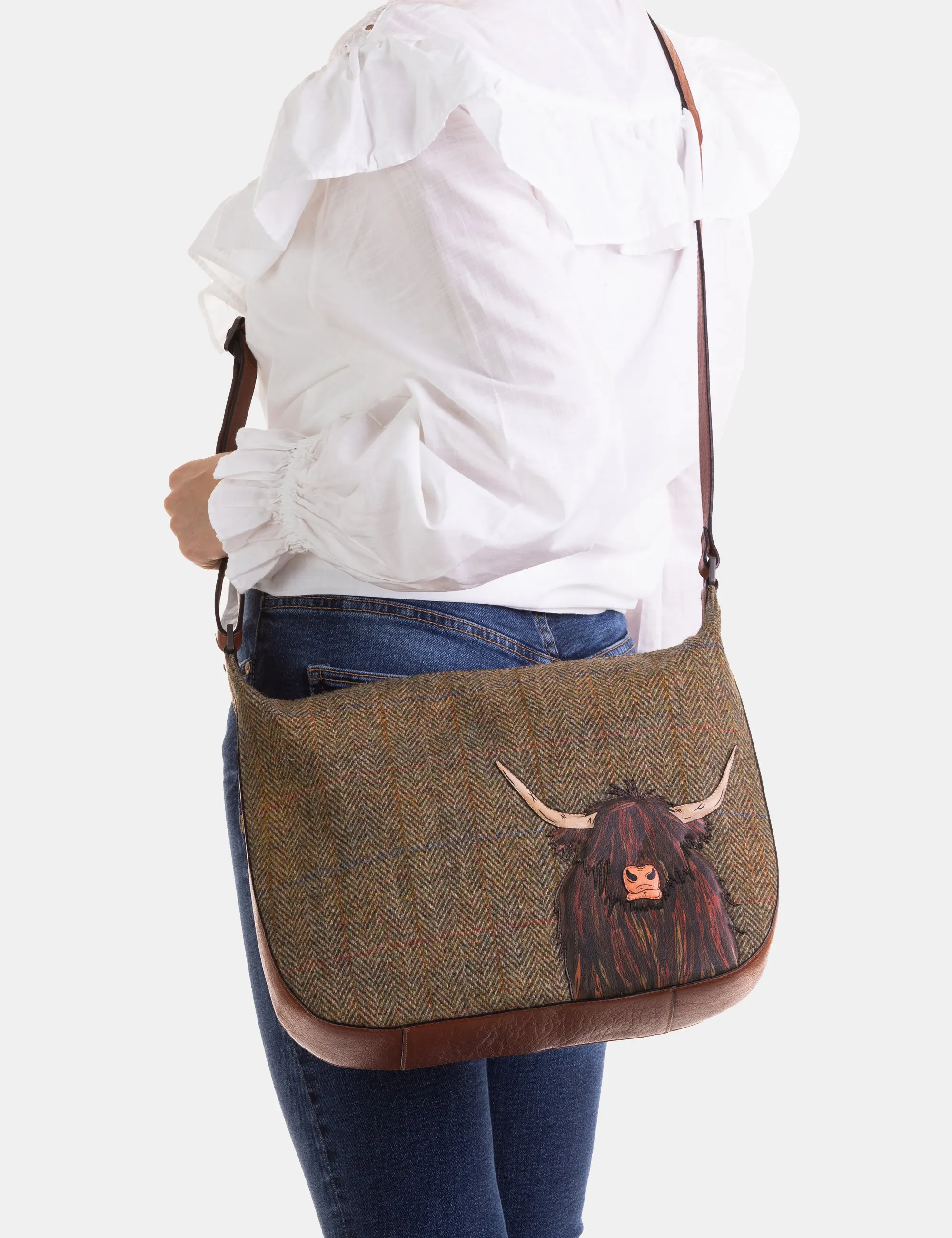 Highland Cow Harris Tweed & Brown Leather Hobo Bag