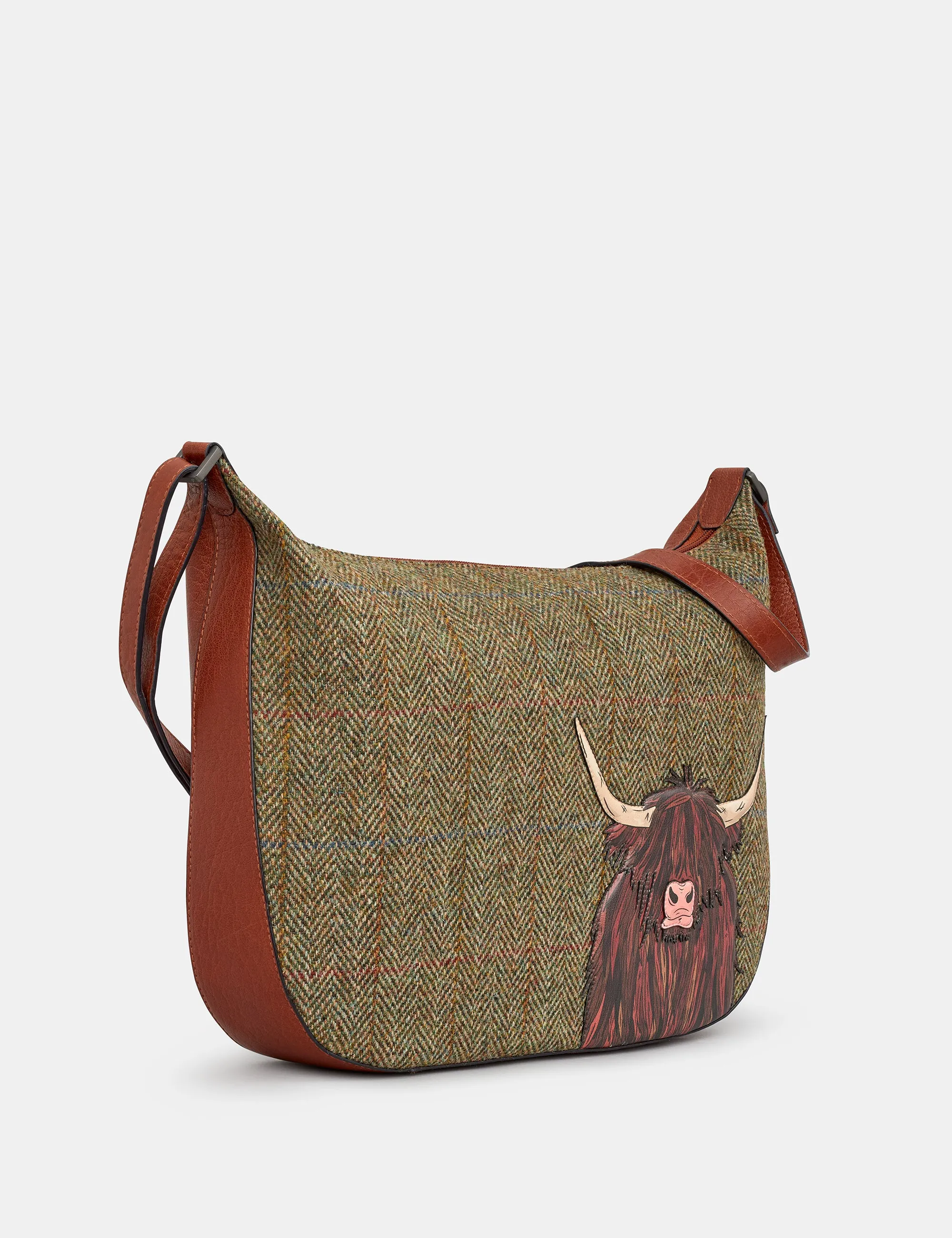 Highland Cow Harris Tweed & Brown Leather Hobo Bag