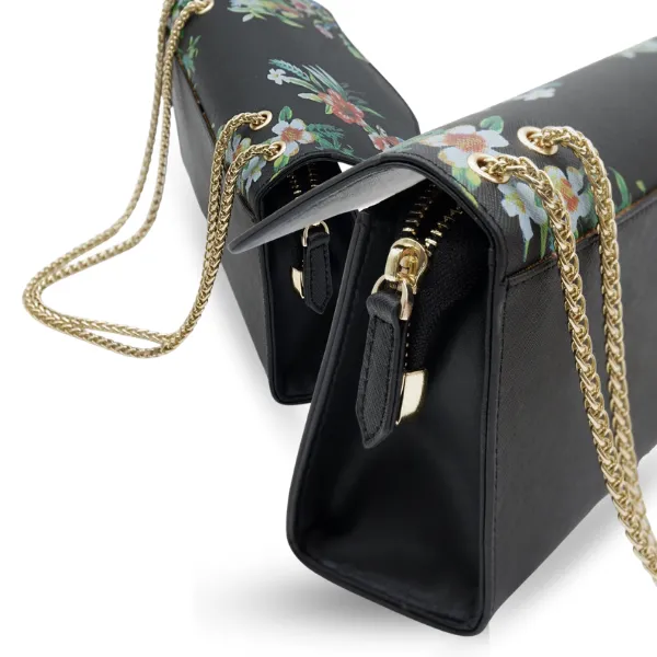 IVANHOE - Addison Road Black Leather Evening Clutch Bag with Tropical Print