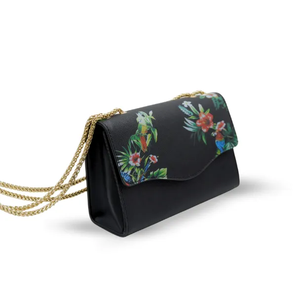 IVANHOE - Addison Road Black Leather Evening Clutch Bag with Tropical Print