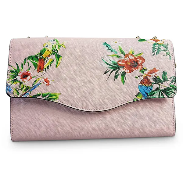 IVANHOE - Addison Road Blush Pink Leather Evening Clutch Bag with Tropical Print