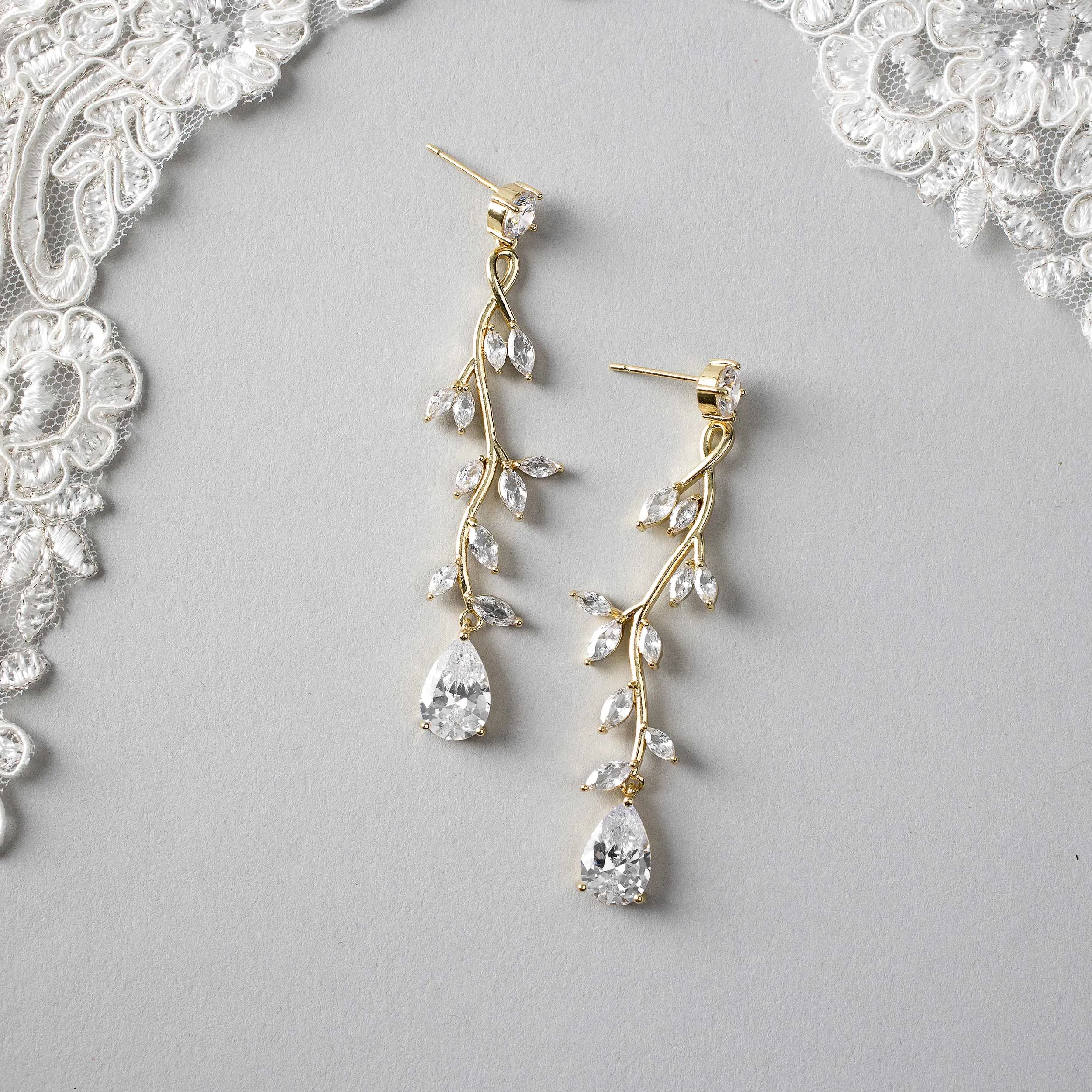 Long Vine CZ Wedding Earrings