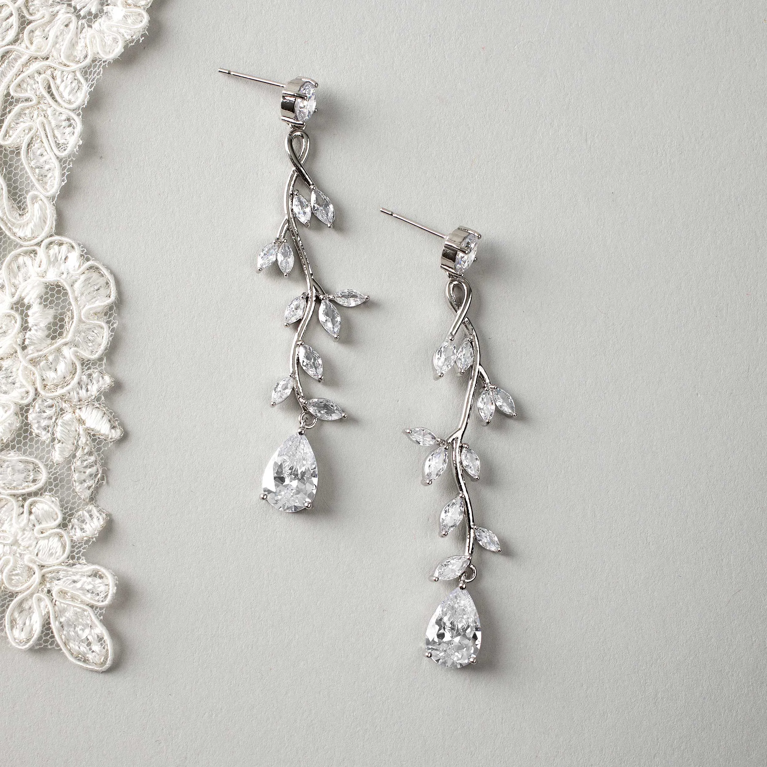 Long Vine CZ Wedding Earrings