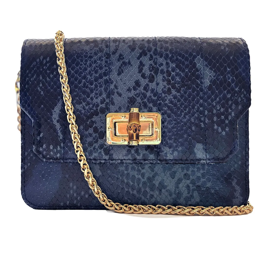 Otis Quilted Bamboo lock Shoulder Bag - Navy Python Print (Calf)