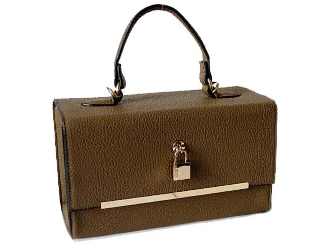 TAUPE HARDBACK BOX SHOULDER BAG WITH PADLOCK DESIGN AND LONG STRAP