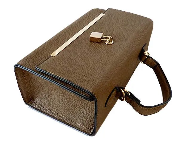 TAUPE HARDBACK BOX SHOULDER BAG WITH PADLOCK DESIGN AND LONG STRAP