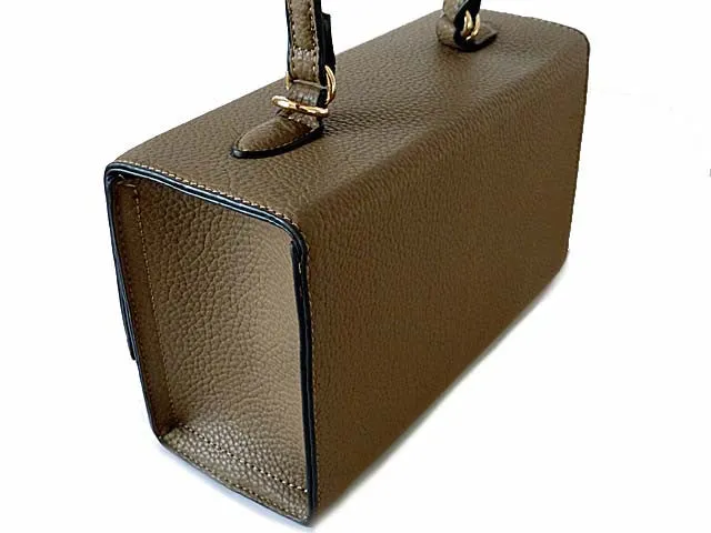 TAUPE HARDBACK BOX SHOULDER BAG WITH PADLOCK DESIGN AND LONG STRAP