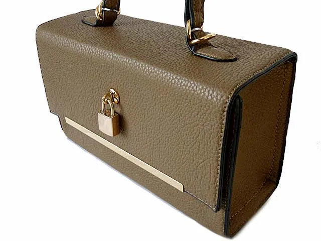 TAUPE HARDBACK BOX SHOULDER BAG WITH PADLOCK DESIGN AND LONG STRAP