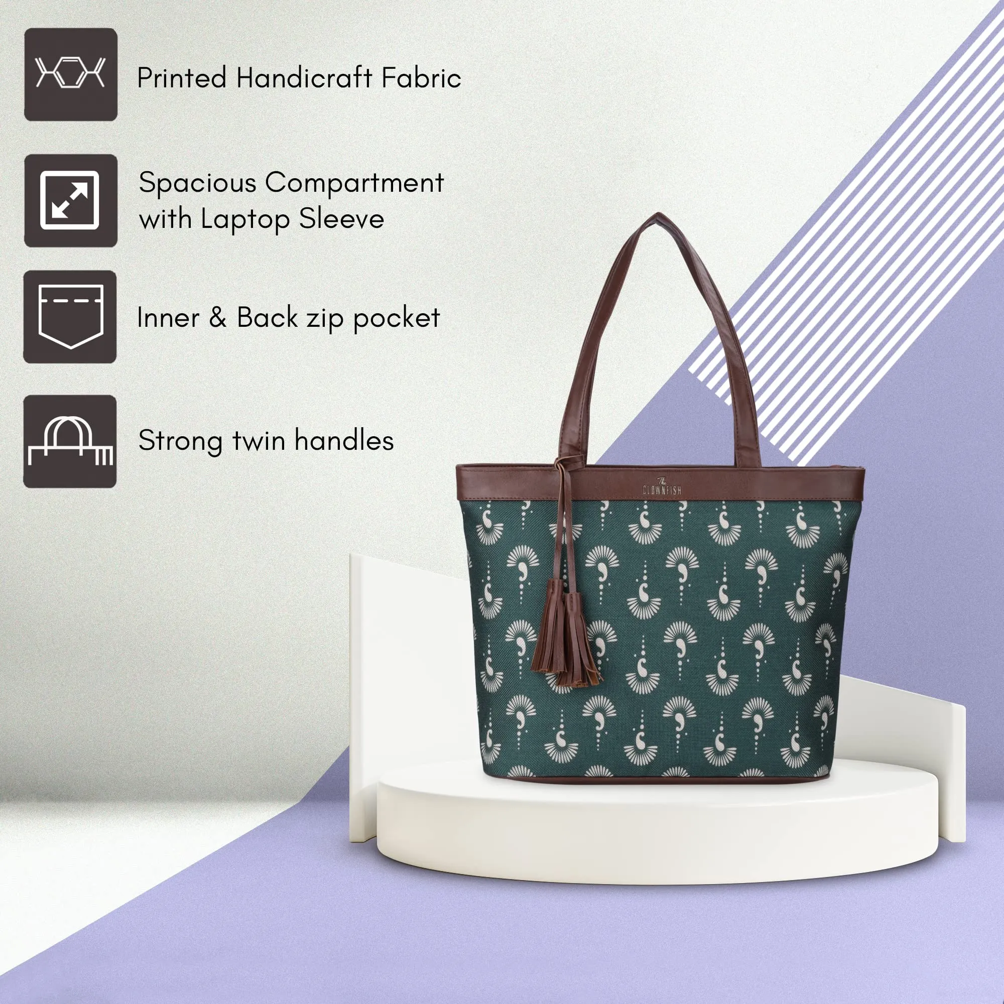 THE CLOWNFISH Casey series 15.6 inch Laptop Bag For Women Printed Handicraft Fabric & Faux Leather Office Bag Briefcase Hand Messenger bag Tote Business Bag (Bottle Green)