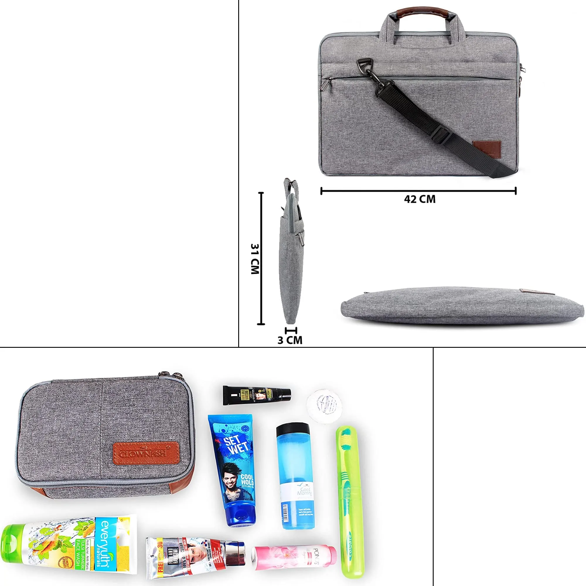 THE CLOWNFISH Combo of Ashton Polyester15.6 inch Laptop Briefcase Travel Pouch Toiletry Bag(Grey)