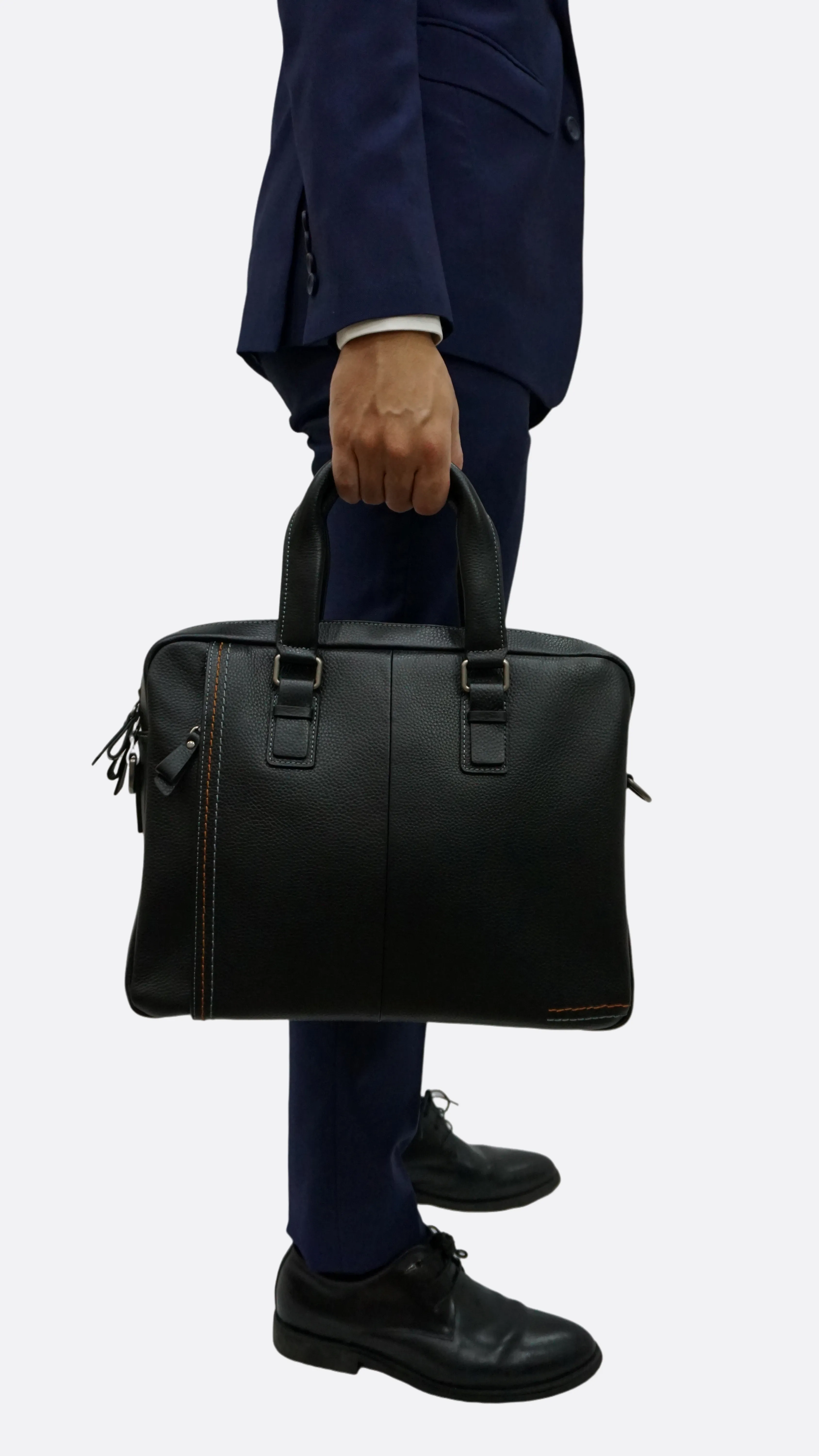 Unisex genuine cowhide leather top handle briefcase seam design